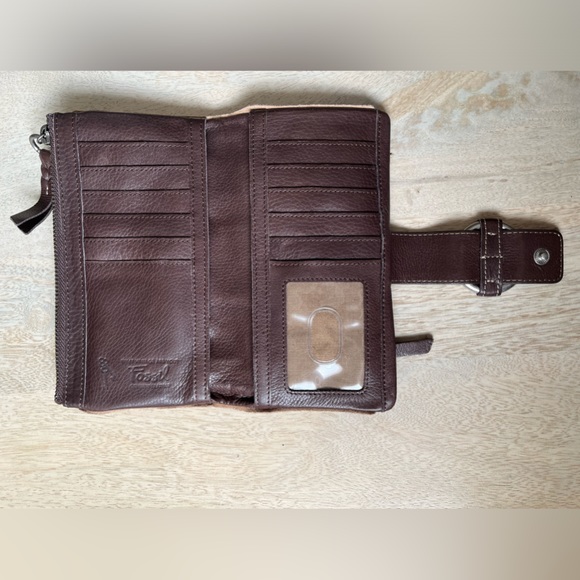 FOSSIL brand patchwork leather wallet, stripe fabric suede velvet, never used - Picture 3 of 6